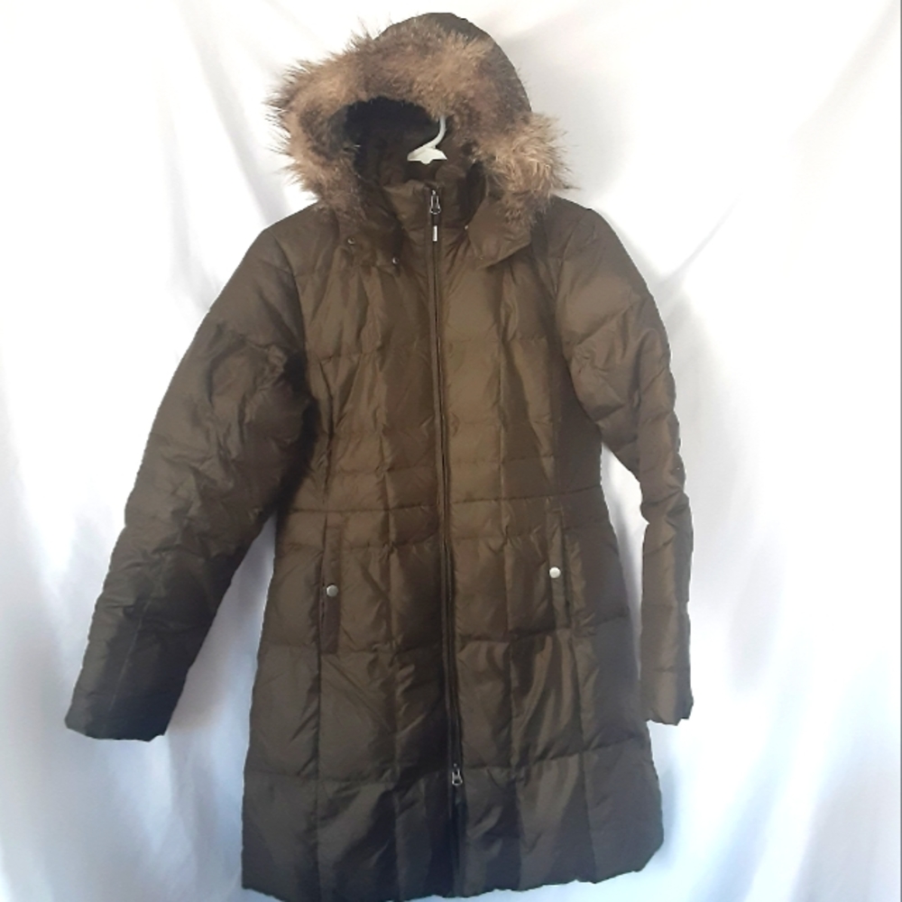 EDDIE BAUER GOOSE DOWN PARKA FAUX FUR DETACHABLE HOOD DARK LODEN WOMENS SIZE MED